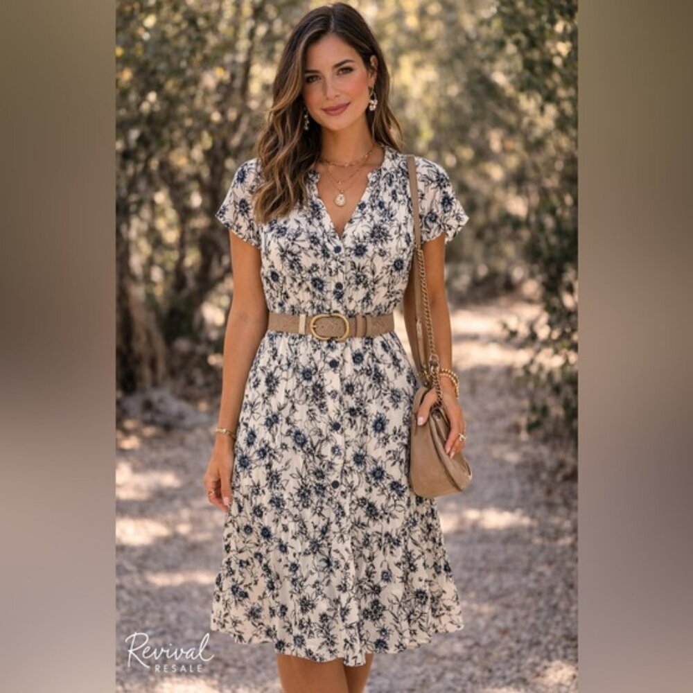 Talbots Blue Floral Knee Length Dress XS Romantic Garden Party